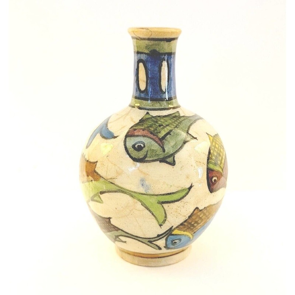 Vintage 3 Sided Persian Qajar Pottery Vase with Fish 6"